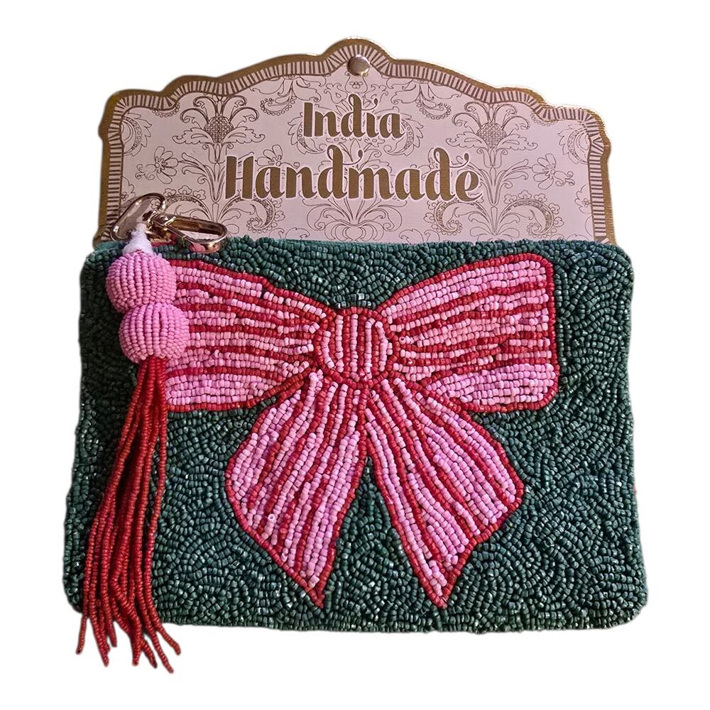 Pink & Green Bow Themed Beaded Tassle Clutch Bag Handmade In Inida